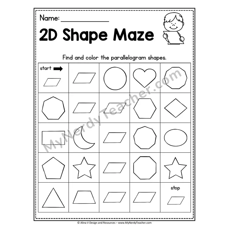 2D Shape Maze Worksheet — Find and Color the Squares