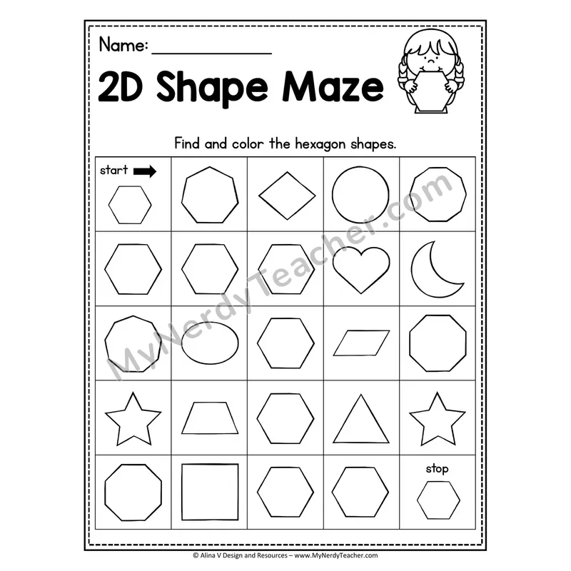 2D Shape Maze Worksheet — Find and Color the Octagons