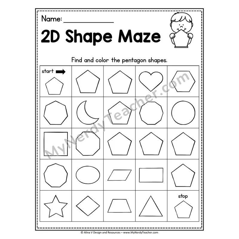 2D Shape Maze Worksheet — Find and Color the Pentagons