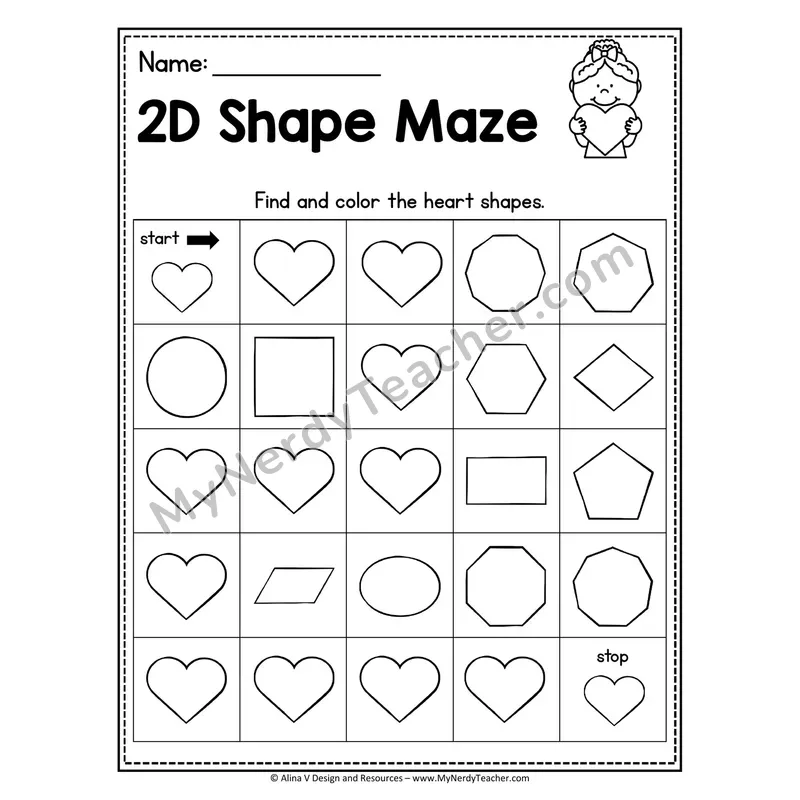 2D Shape Maze Worksheet — Find and Color the Hexagons
