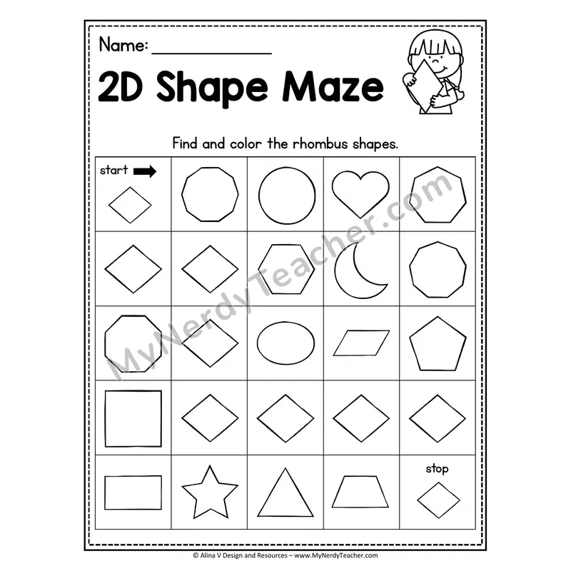 2D Shape Maze Worksheet — Find and Color the Hearts