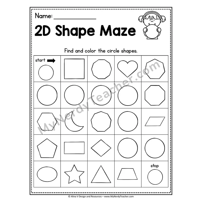 2D Shape Maze Worksheet — Find and Color the Crescents