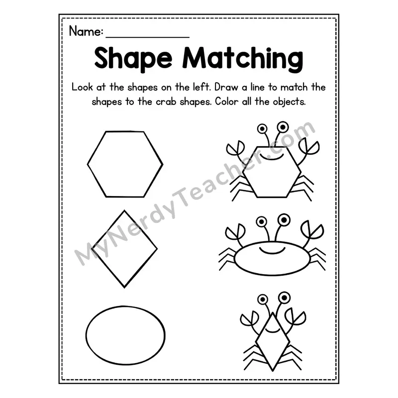 Shape Matching Worksheet — Crab Theme Draw and Match