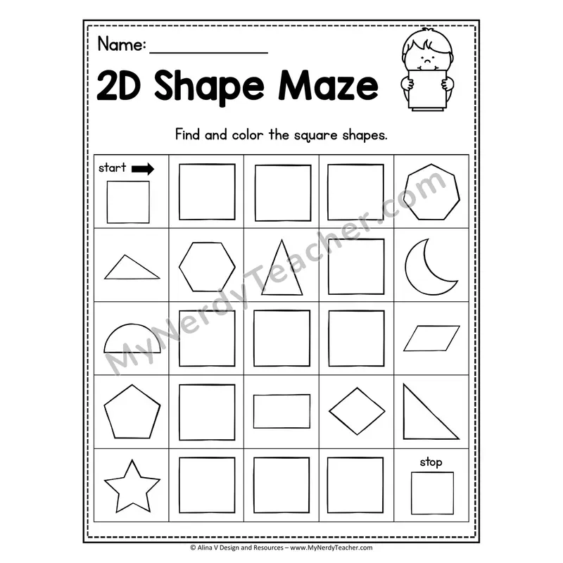 2D Shape Maze Worksheet — Find and Color the Circles