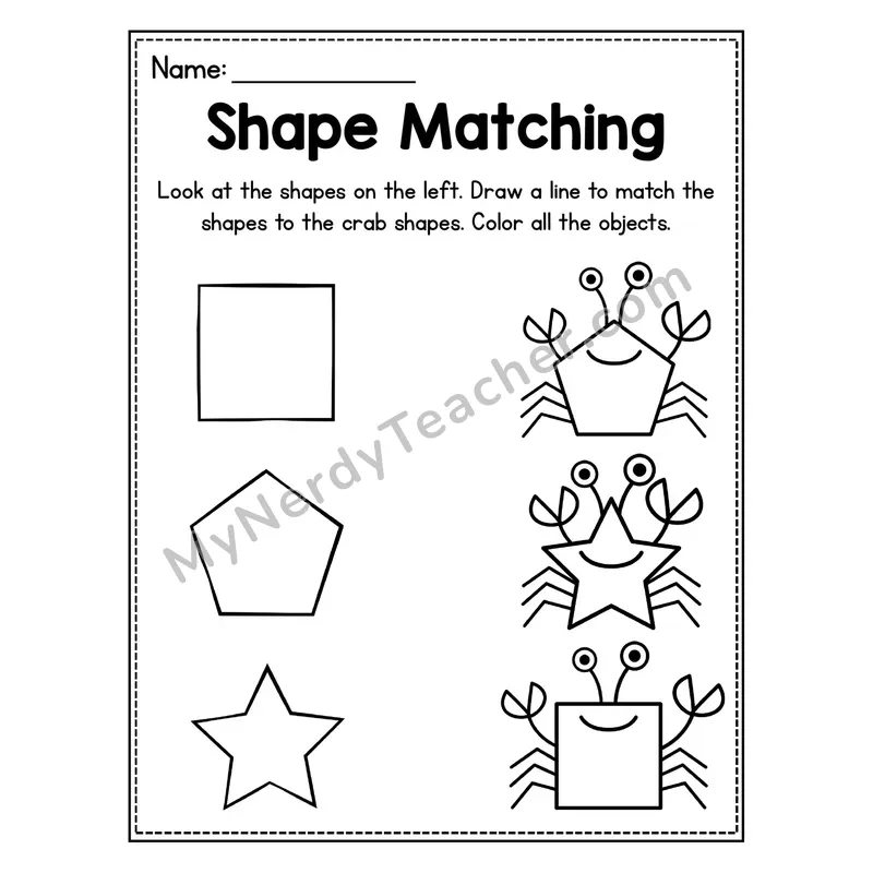 Shape Matching Worksheet — Crab Theme Draw and Match