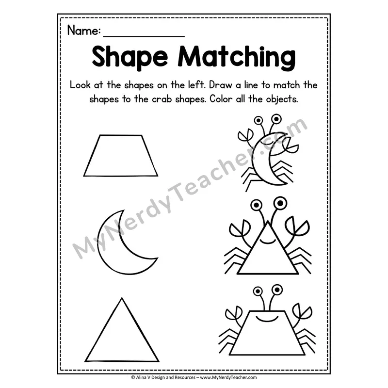 Shape Matching Worksheet — Crab Theme Draw and Match