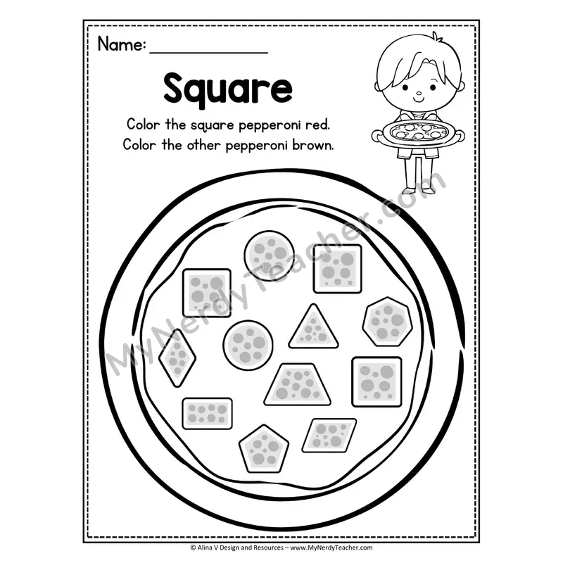 2D Shape Pizza Worksheet — Color the Square Pepperoni