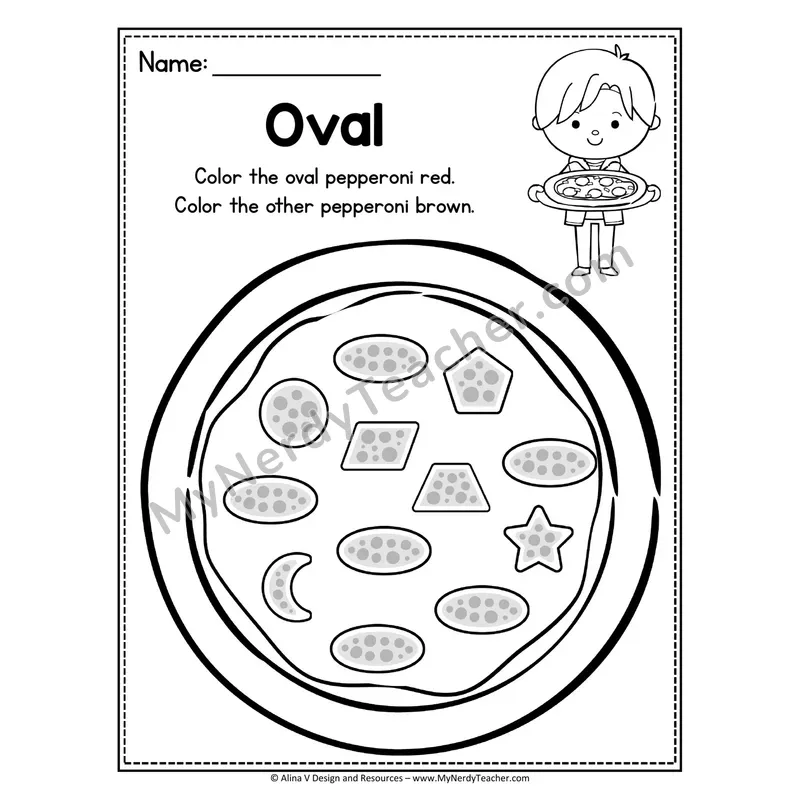 2D Shape Pizza Worksheet — Color the Oval Pepperoni