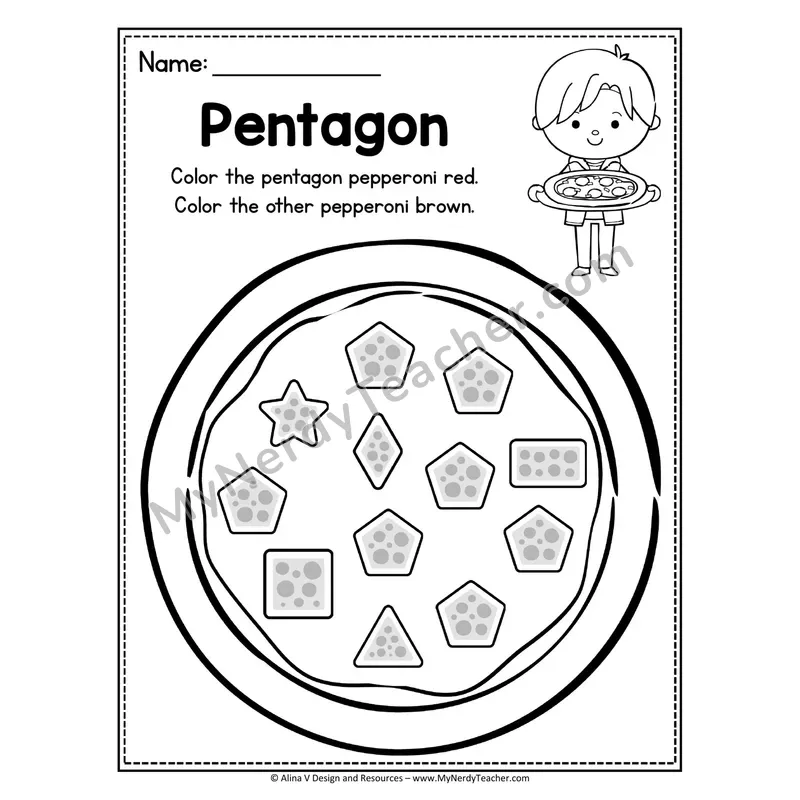 2D Shape Pizza Worksheet — Color the Pentagon Pepperoni