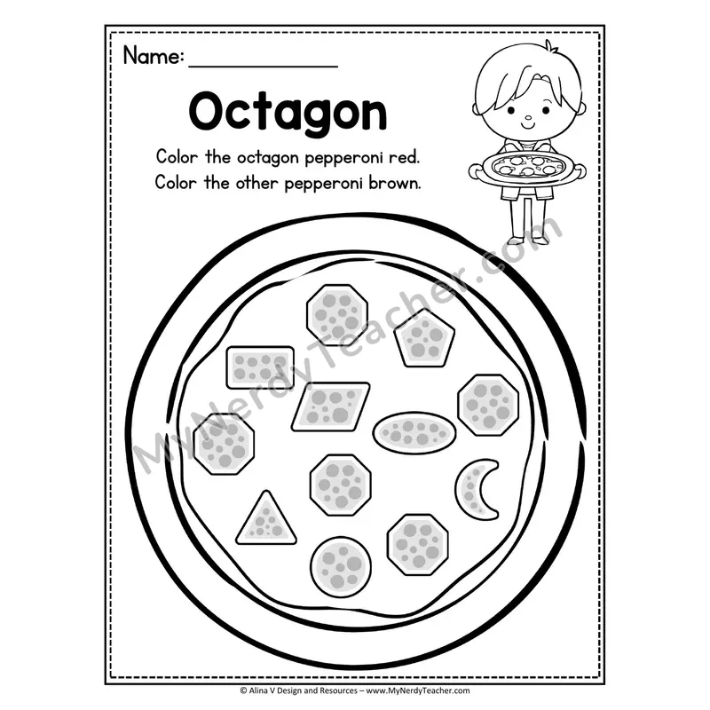 2D Shape Pizza Worksheet — Color the Octagon Pepperoni