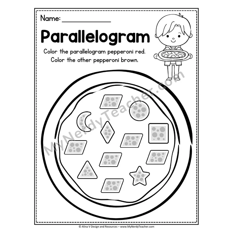2D Shape Pizza Worksheet — Color the Parallelogram Pepperoni