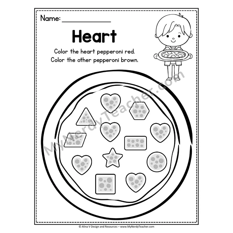 2D Shape Pizza Worksheet — Color the Heart Pepperoni