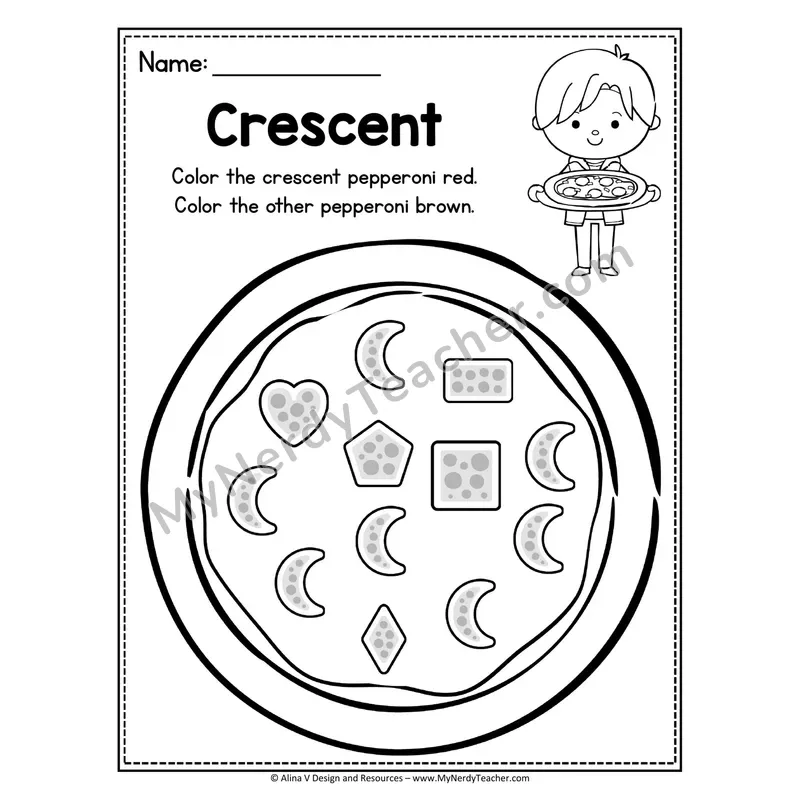 2D Shape Pizza Worksheet — Color the Crescent Pepperoni