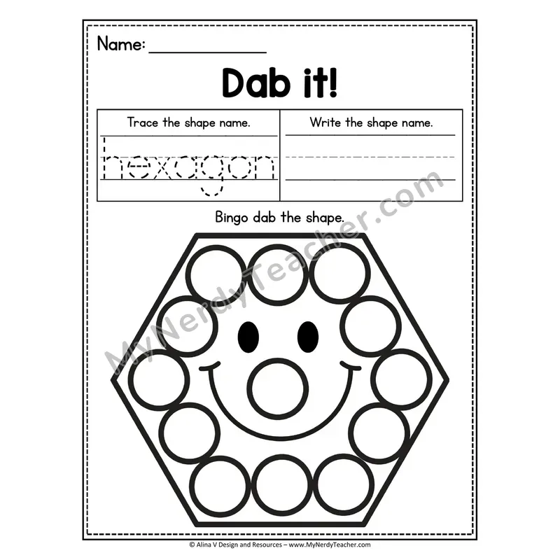 Dab it! 2D Shape Worksheet — Bingo Dab the Hexagon