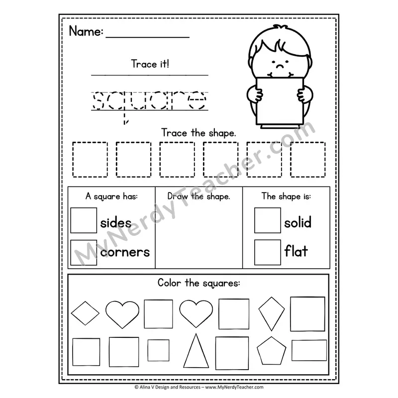 2D Shape Tracing Worksheet — Name, Trace, and Identify Square