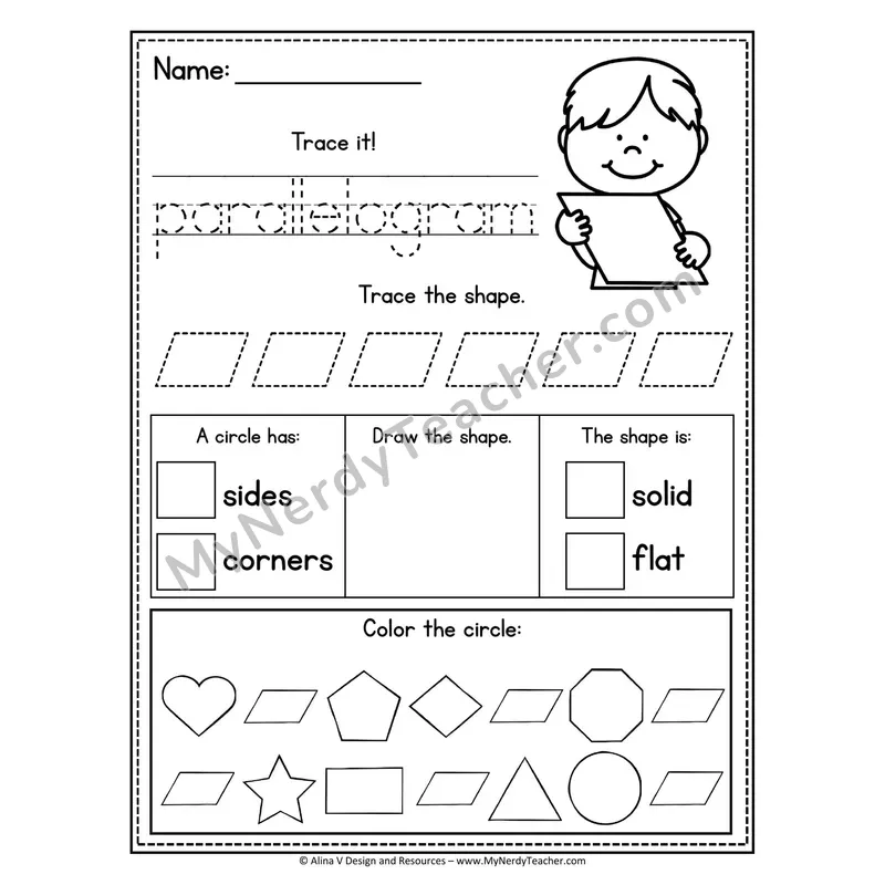 2D Shape Tracing Worksheet — Name, Trace, and Identify Parallelogram