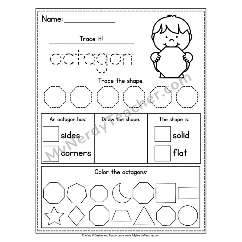 2D Shape Tracing Worksheet — Name, Trace, and Identify Octagon