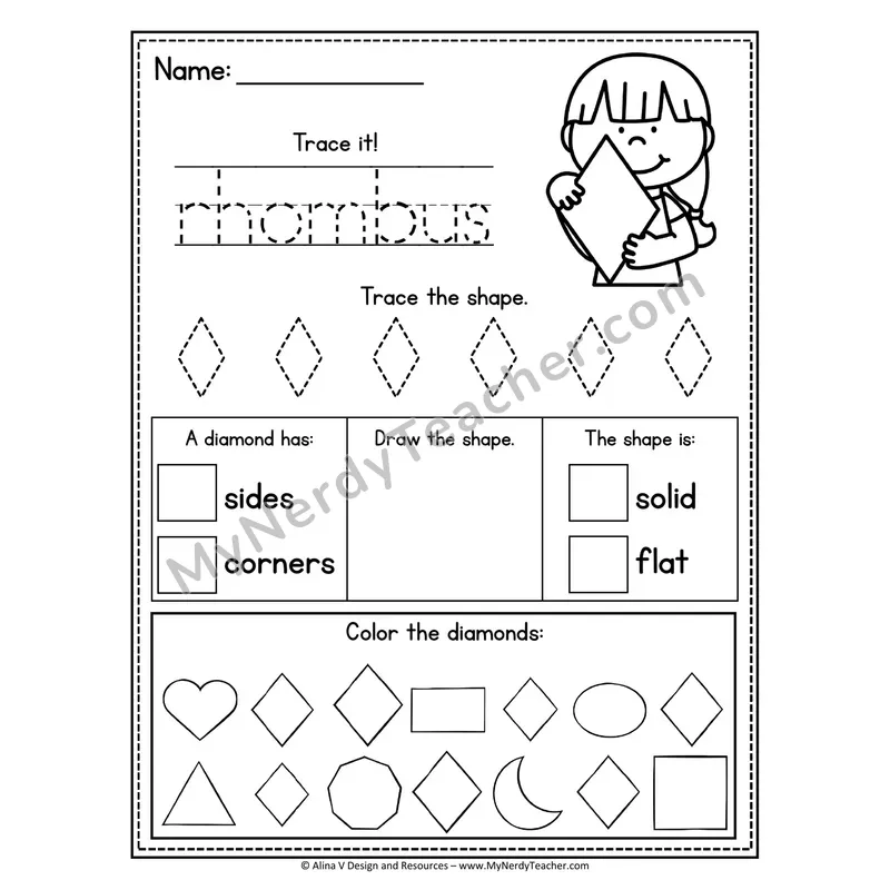 2D Shape Tracing Worksheet — Name, Trace, and Identify Rhombus