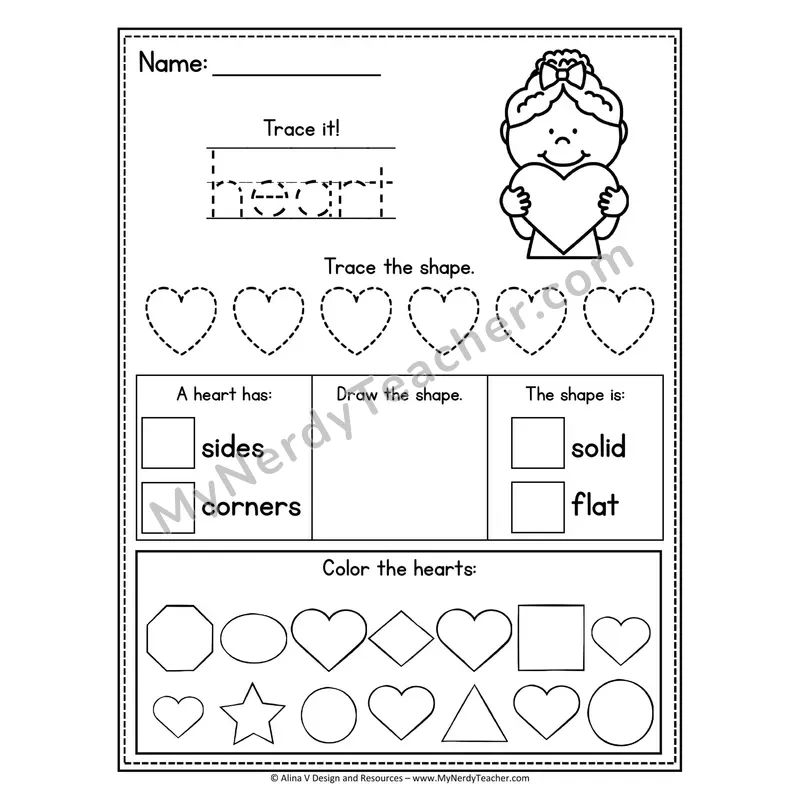 2D Shape Tracing Worksheet — Name, Trace, and Identify Heart