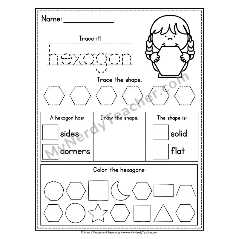 2D Shape Tracing Worksheet — Name, Trace, and Identify Hexagon