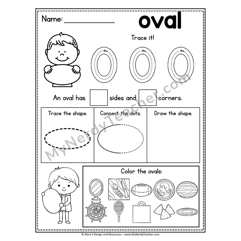 2D Shape Tracing Worksheet — Trace, Count Sides, Color Ovals