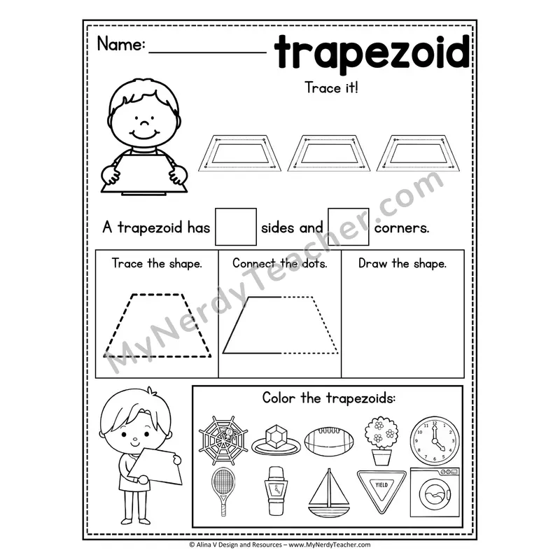 2D Shape Tracing Worksheet — Trace, Count Sides, Color Trapezoids