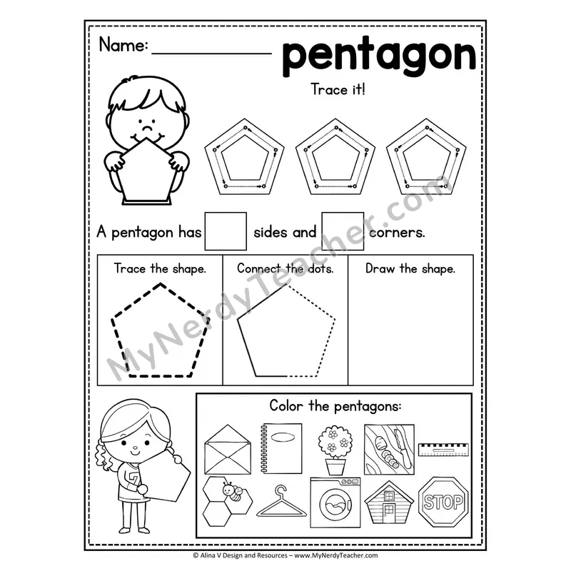 2D Shape Tracing Worksheet — Trace, Count Sides, Color Pentagons