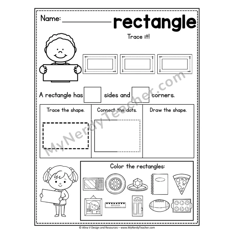 2D Shape Tracing Worksheet — Trace, Count Sides, Color Rectangles