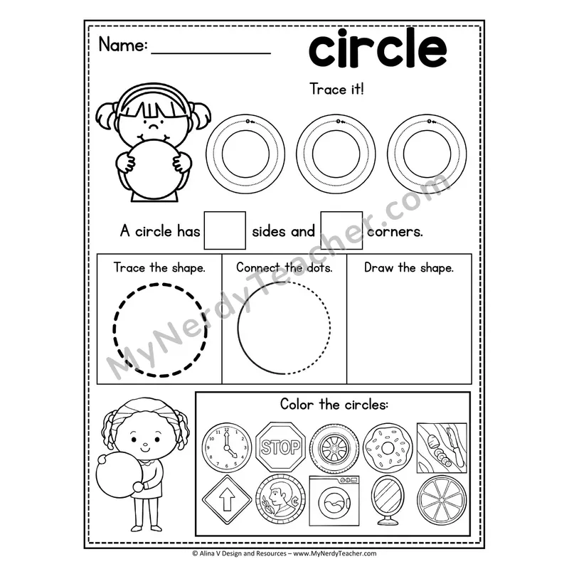 2D Shape Tracing Worksheet — Trace, Count Sides, Color Circles