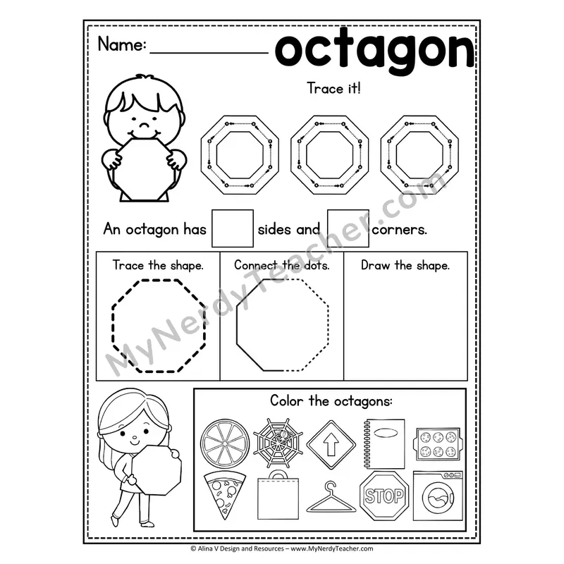 2D Shape Tracing Worksheet — Trace, Count Sides, Color Octagons