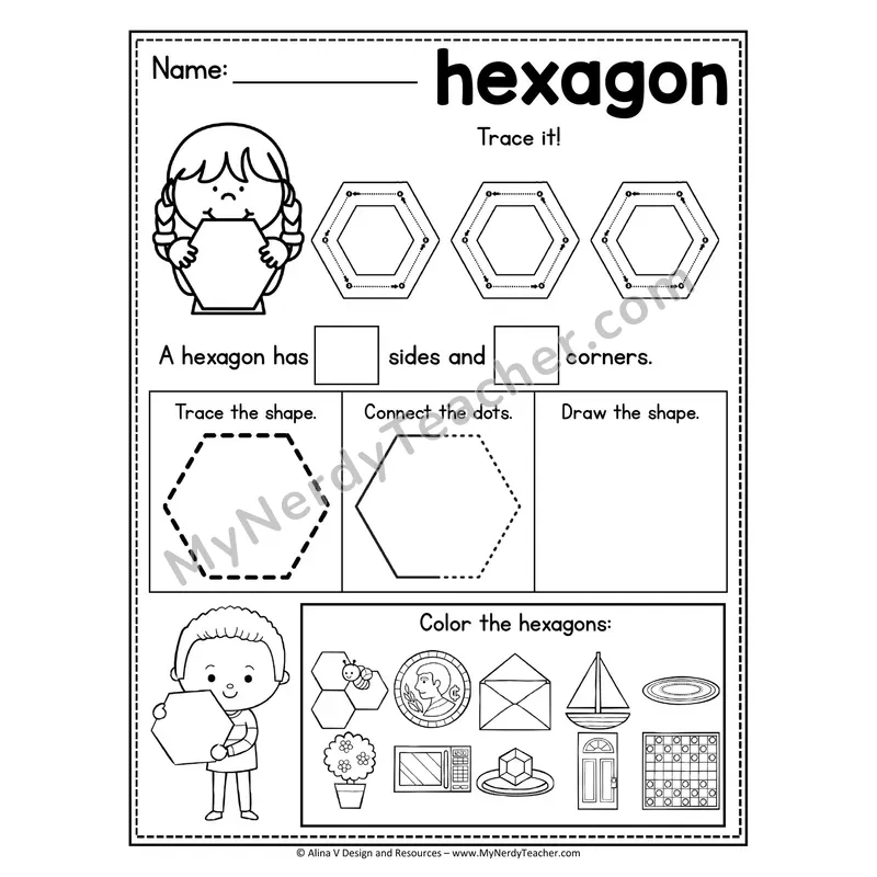 2D Shape Tracing Worksheet — Trace, Count Sides, Color Hexagons
