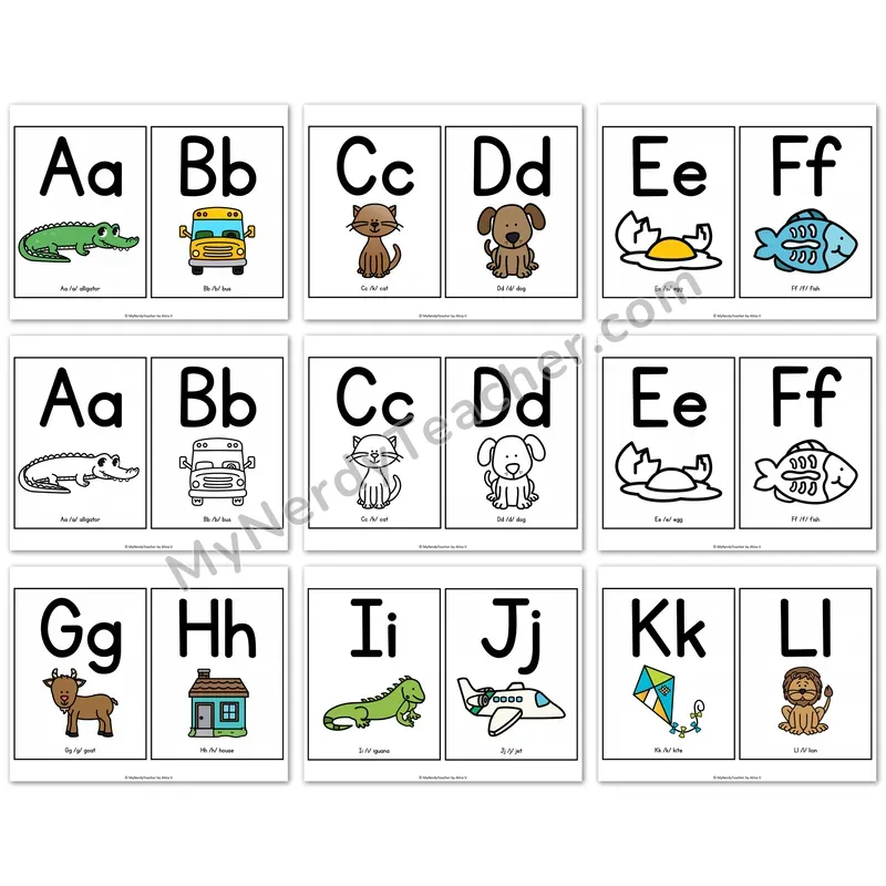 Alphabet Flashcards 2 on a Page — Color and Black White Letter Cards A-Z
