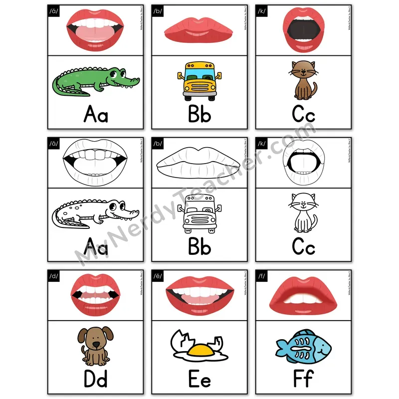 Alphabet Posters with Mouth Articulation — Letter Sound Posters A-Z Color and BW