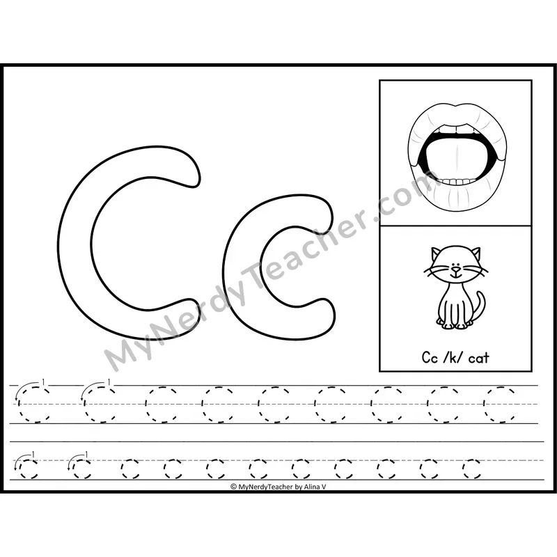 Letter C Playdough Mat — Black and White Alphabet Tracing Mat with Articulation