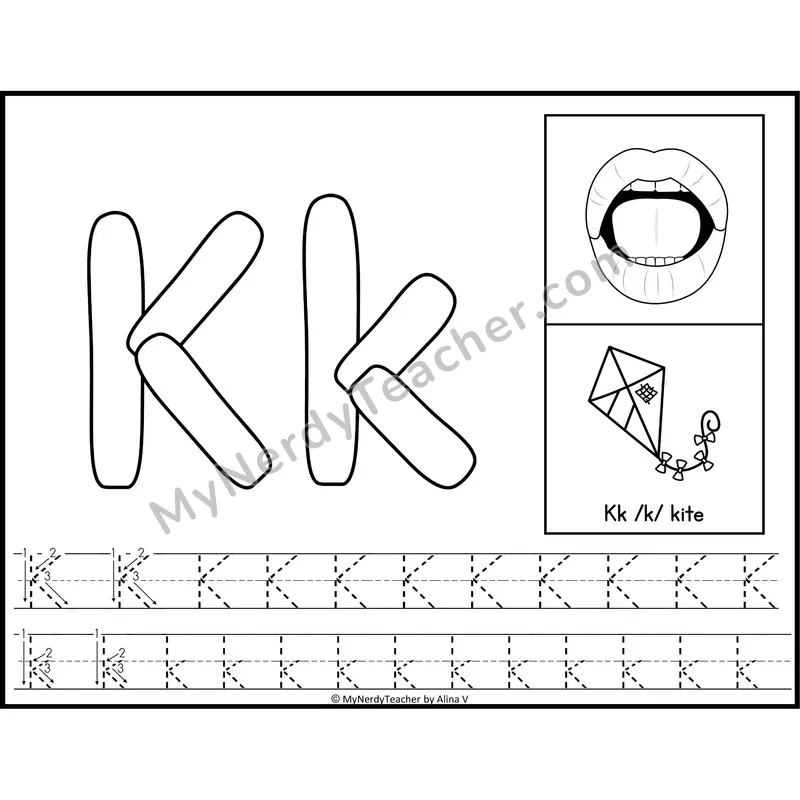 Letter K Playdough Mat — Black and White Alphabet Tracing Mat with Articulation