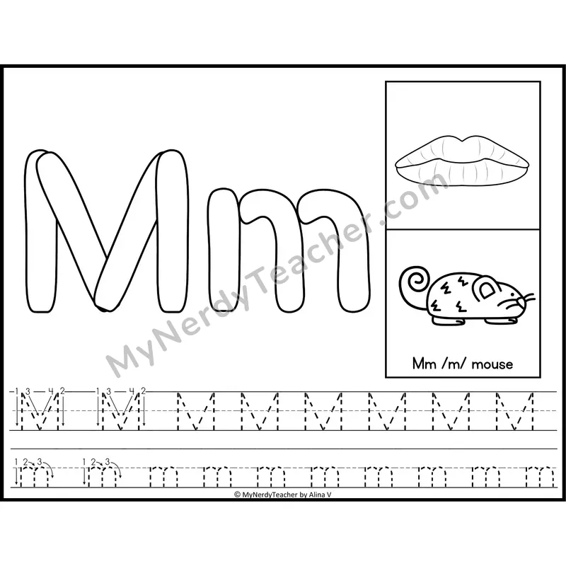 Letter M Playdough Mat — Black and White Alphabet Tracing Mat with Articulation