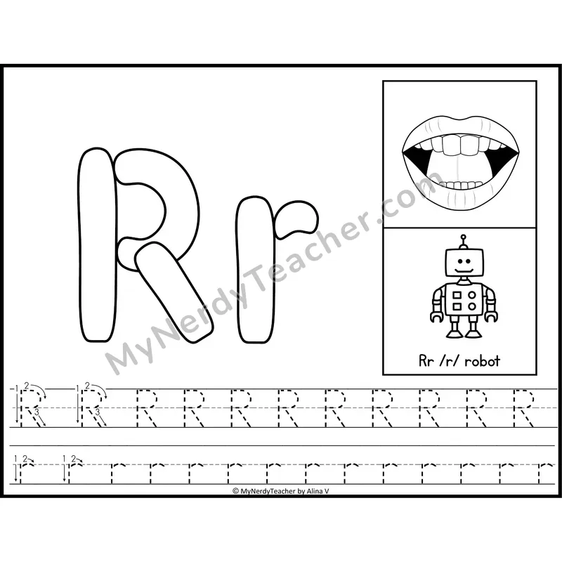 Letter R Playdough Mat — Black and White Alphabet Tracing Mat with Articulation