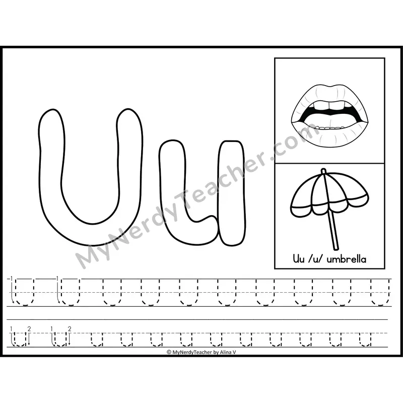 Letter U Playdough Mat — Black and White Alphabet Tracing Mat with Articulation