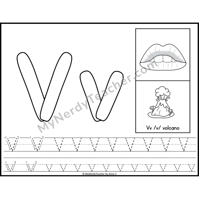 Letter V Playdough Mat — Black and White Alphabet Tracing Mat with Articulation