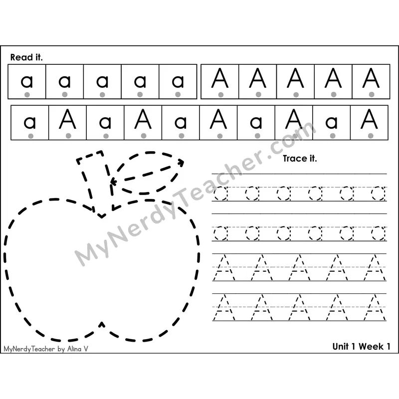Letter A Tracing Activity — Read It Trace It Worksheet with Picture