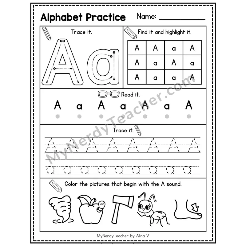 Letter A Alphabet Practice Worksheet — Trace Find Read and Beginning Sounds