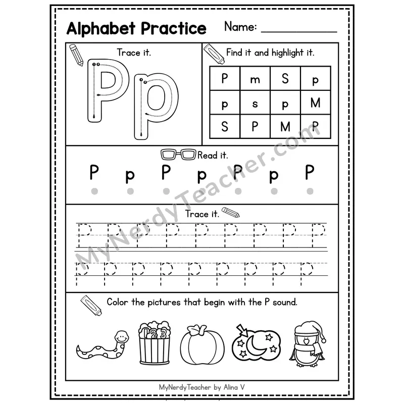 Letter E Alphabet Practice Worksheet — Trace Find Read and Beginning Sounds