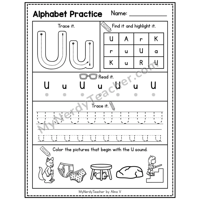 Letter Q Alphabet Practice Worksheet — Trace Find Read and Beginning Sounds