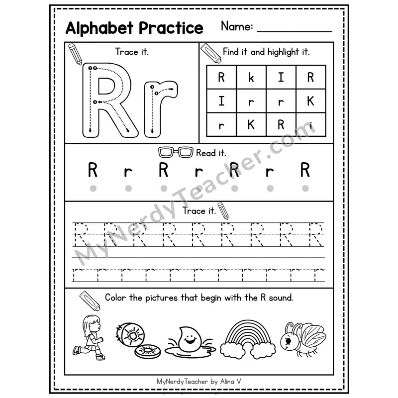 Letter P Alphabet Practice Worksheet — Trace Find Read and Beginning Sounds