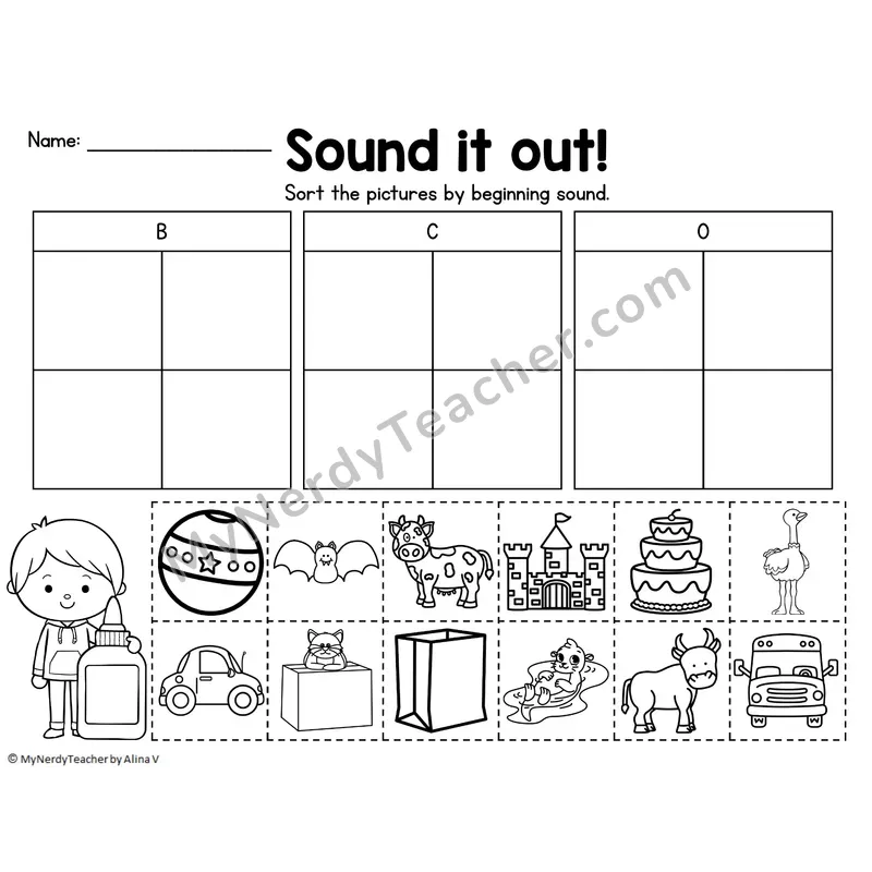 Beginning Sound Sort — Letters B, C, O Cut and Paste Picture Sort