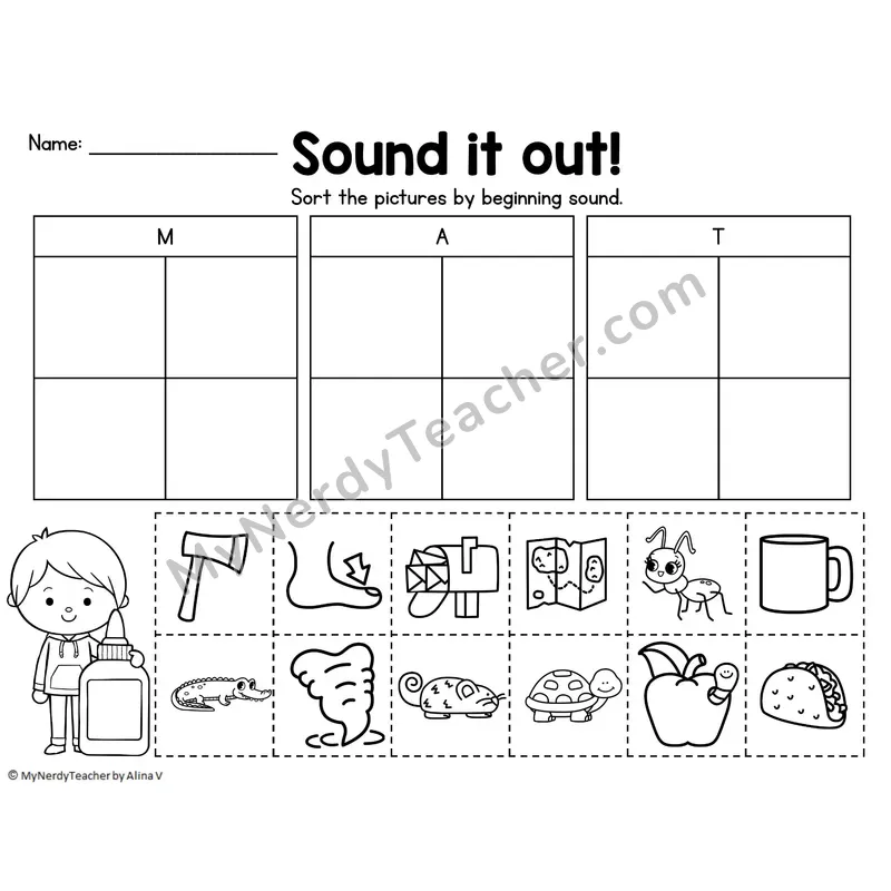 Beginning Sound Sort — Letters M, A, T Cut and Paste Picture Sort