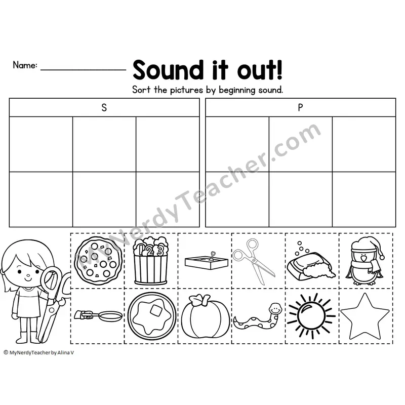 Beginning Sound Sort — Letters S, P Cut and Paste Picture Sort
