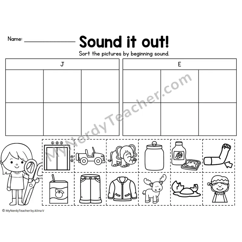 Beginning Sound Sort — Letters J, E Cut and Paste Picture Sort