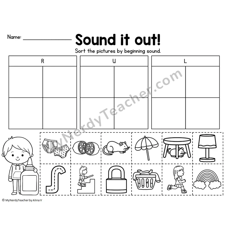 Beginning Sound Sort — Letters R, U, L Cut and Paste Picture Sort