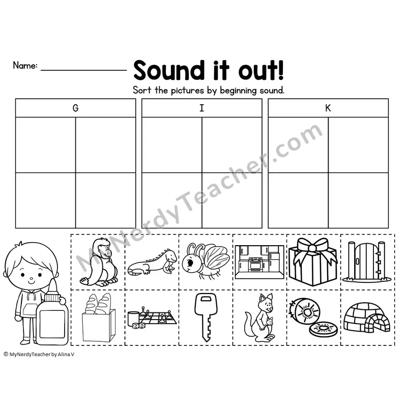 Beginning Sound Sort — Letters G, I, K Cut and Paste Picture Sort